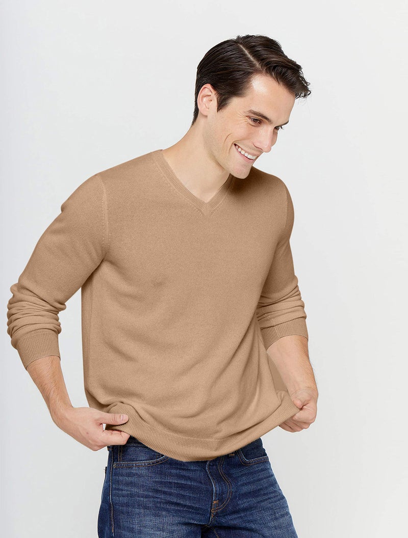 State Cashmere Men's Essential V-Neck Sweater 100% Pure Cashmere Classic Long Sleeve Pullover (Camel, Large) - Image 5